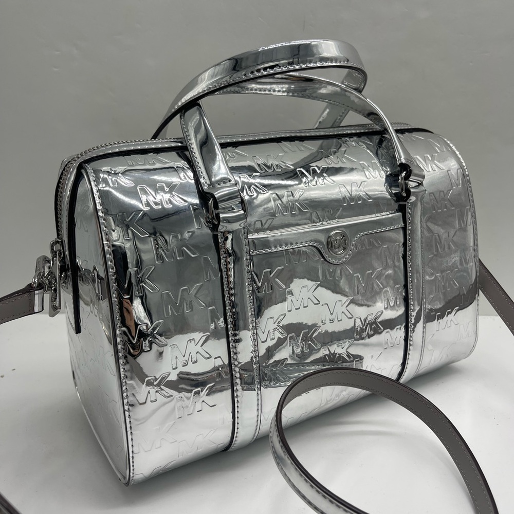 MICHAEL KORS Jet Set Medm Patent Logo Debossed Duffel Crossbody Bag
Silver 
NWT - Picture 3 of 15
